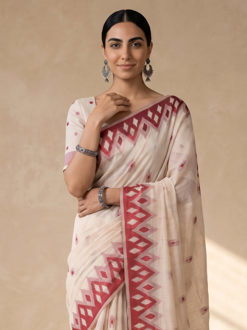 Nia Cream Red Cotton Saree