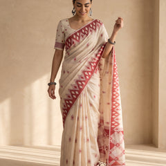 Nia Cream Red Cotton Saree