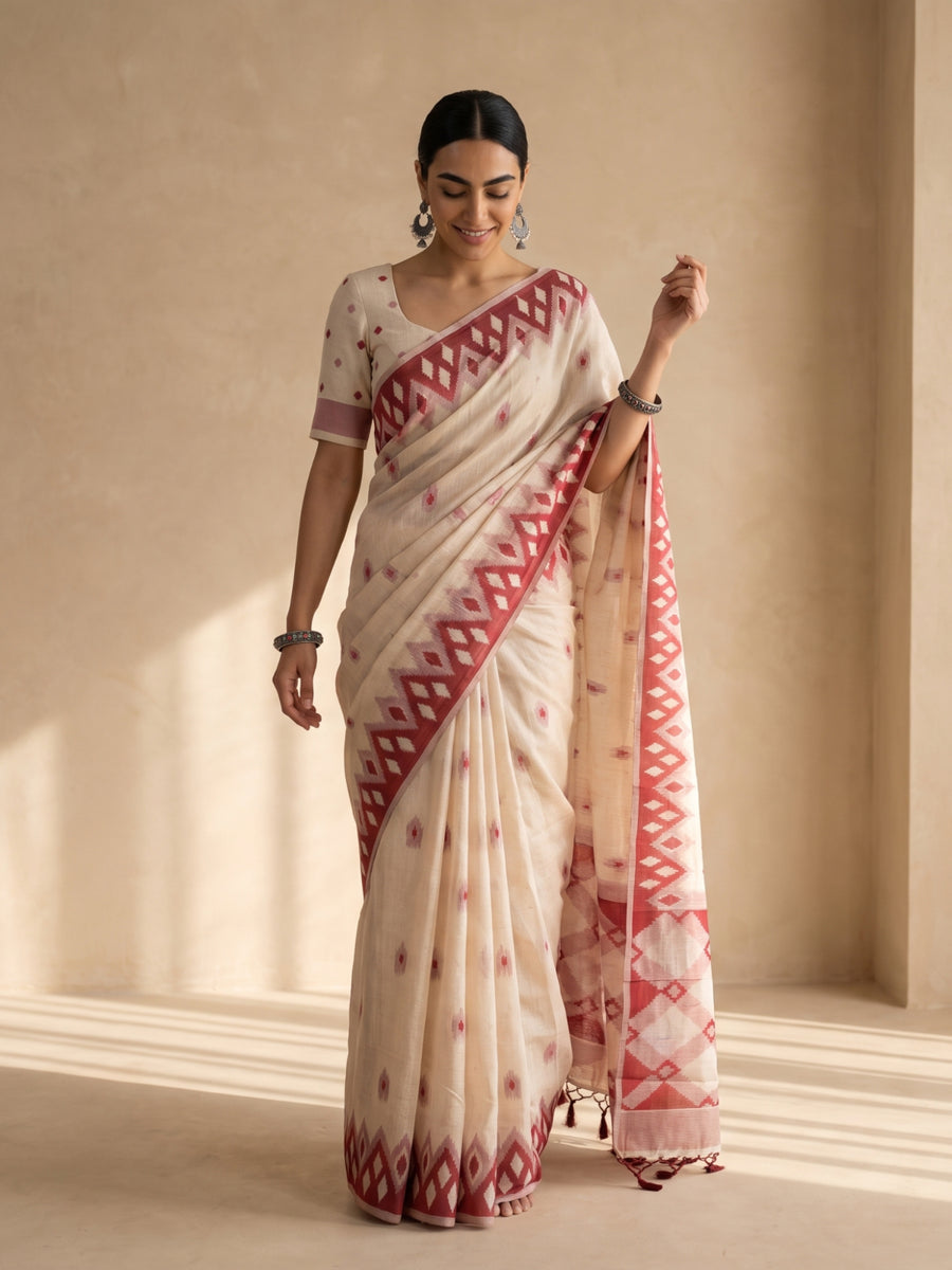 Nia Cream Red Cotton Saree
