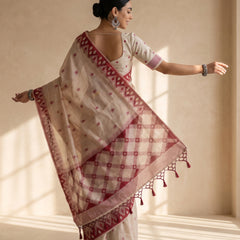 Nia Cream Red Cotton Saree