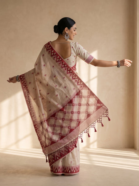 Nia Cream Red Cotton Saree