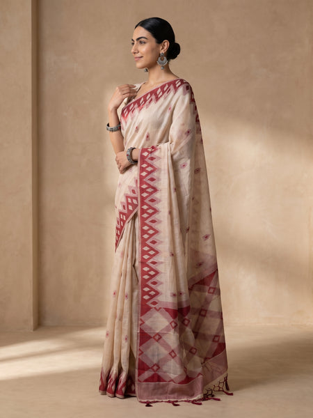 Nia Cream Red Cotton Saree