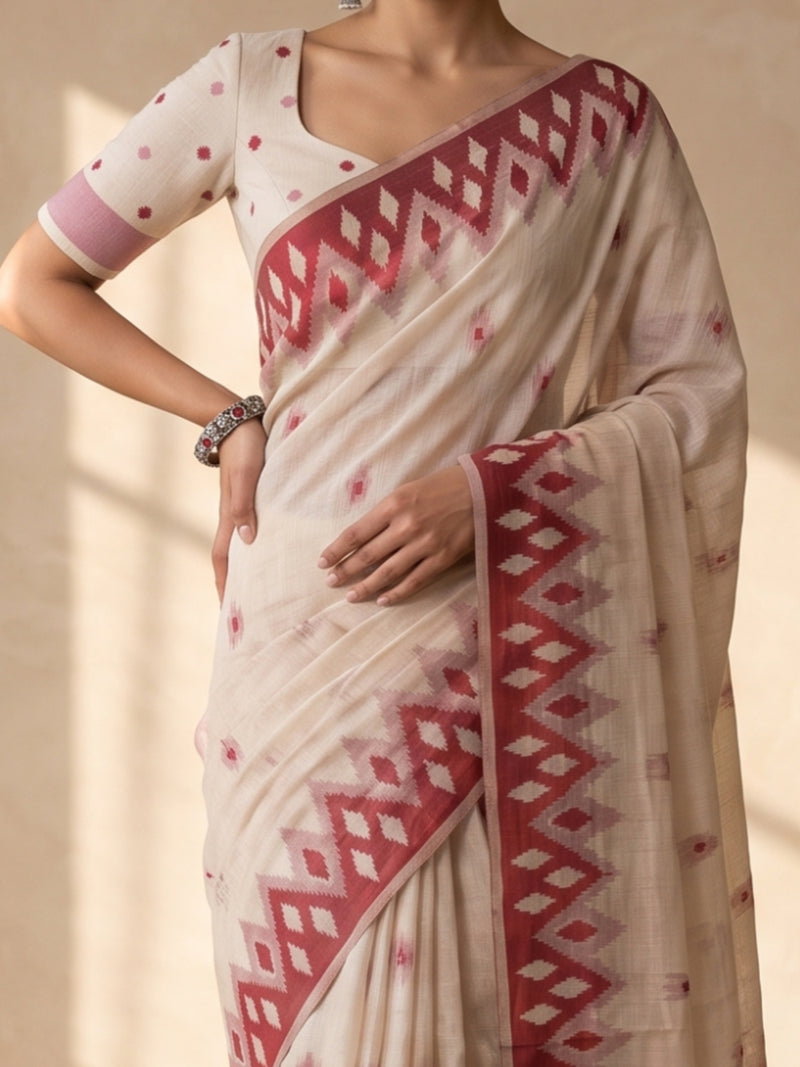 Nia Cream Red Cotton Saree