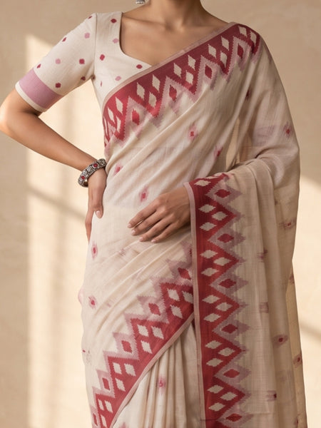 Nia Cream Red Cotton Saree