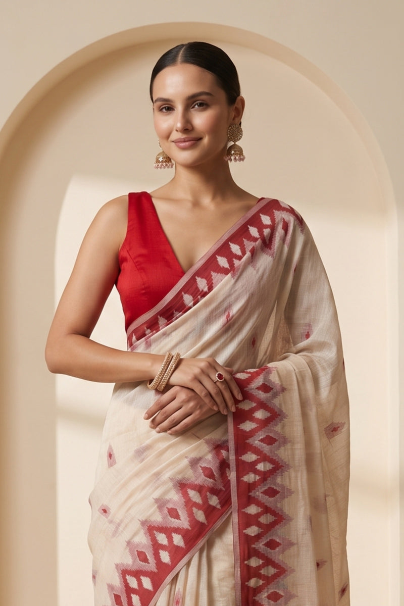 Coconut Cream Red Cotton Saree