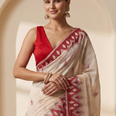 Coconut Cream Red Cotton Saree
