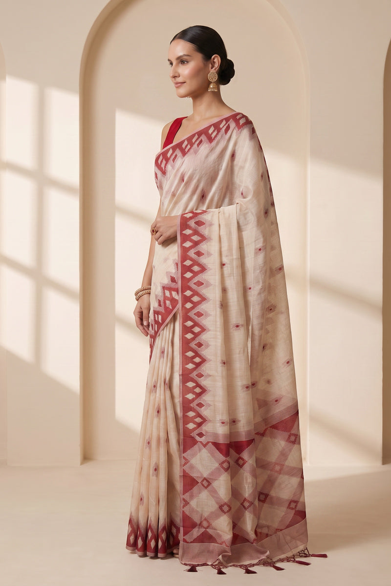 Coconut Cream Red Cotton Saree