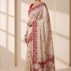 Coconut Cream Red Cotton Saree