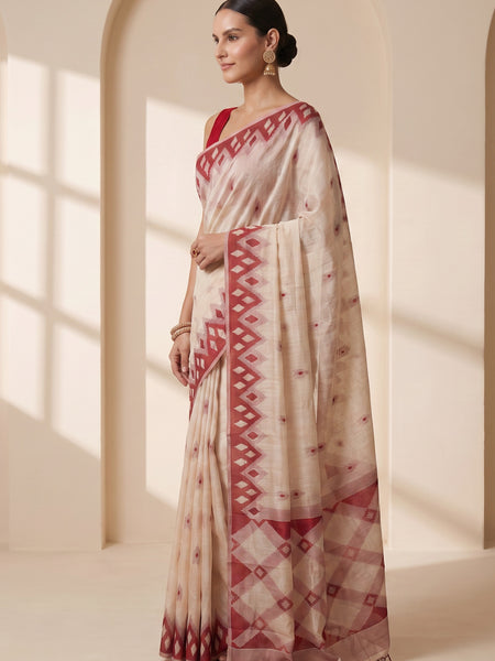 Coconut Cream Red Cotton Saree