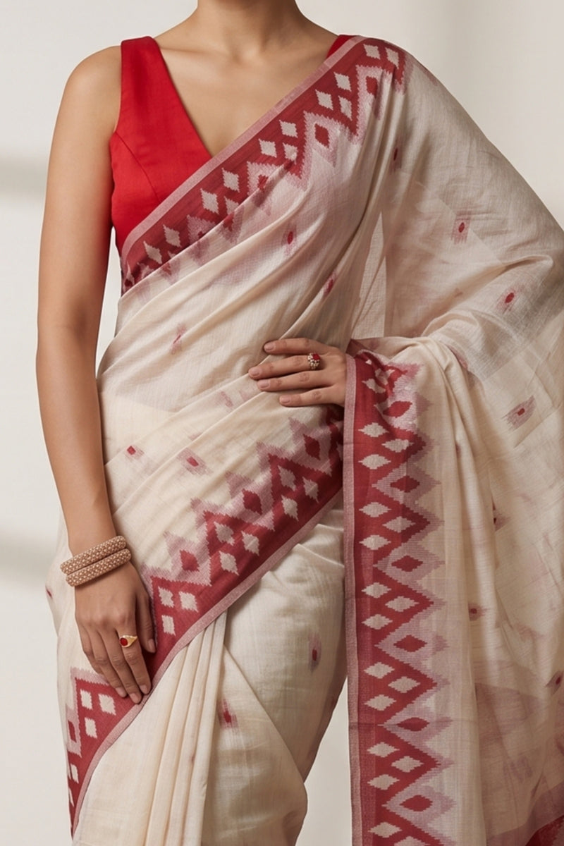 Coconut Cream Red Cotton Saree
