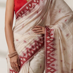 Coconut Cream Red Cotton Saree