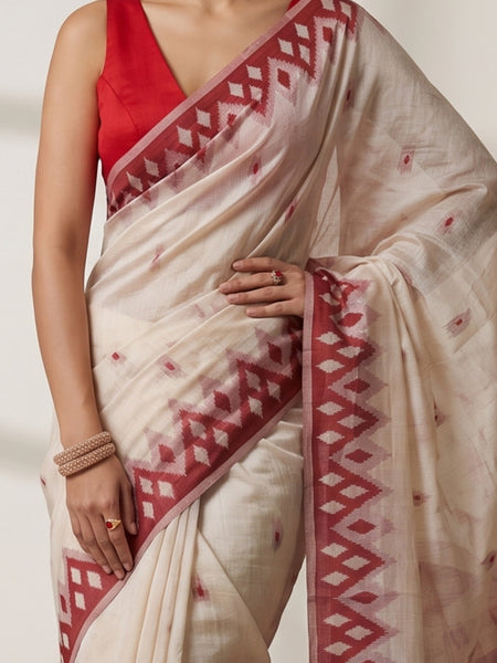 Coconut Cream Red Cotton Saree