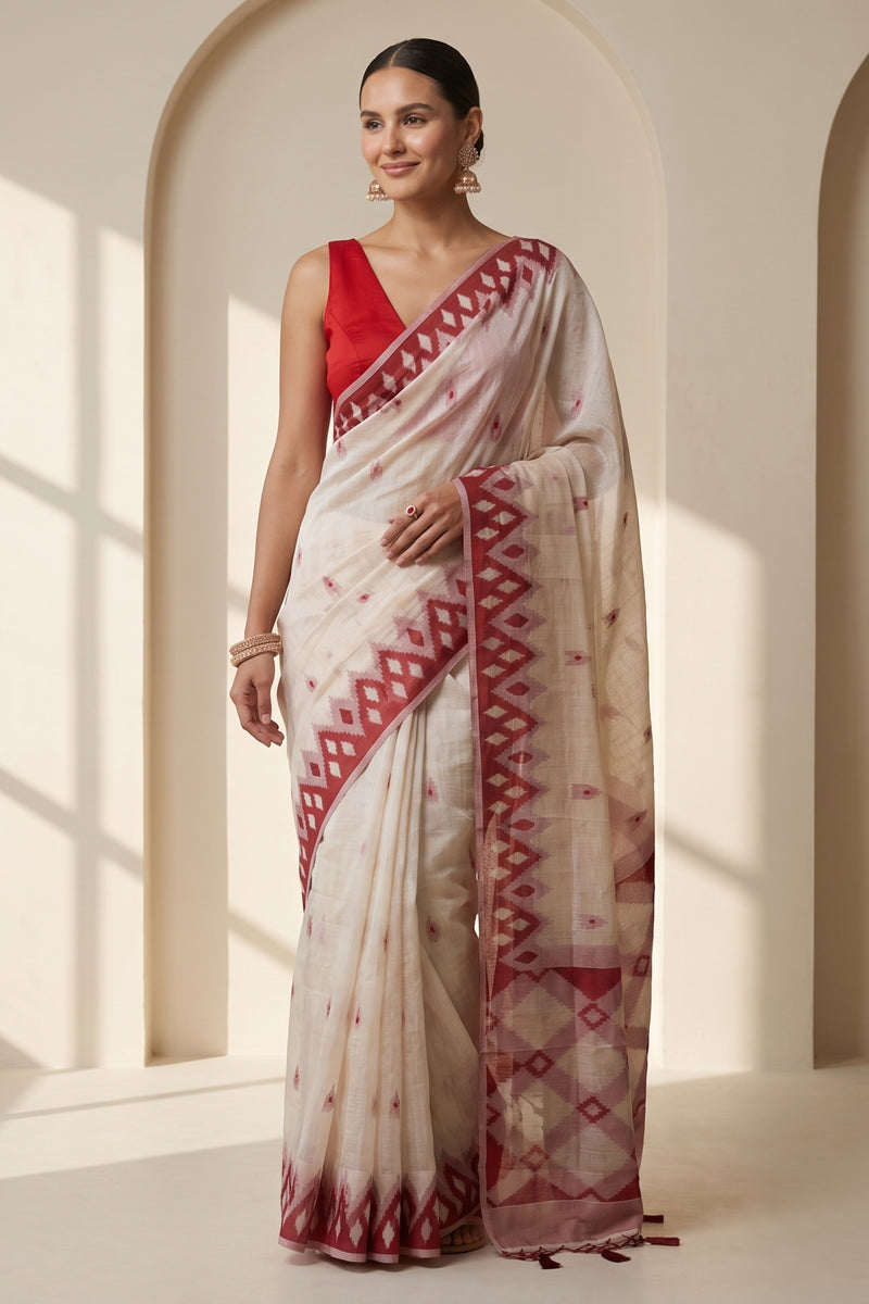 Coconut Cream Red Cotton Saree