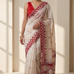 Coconut Cream Red Cotton Saree