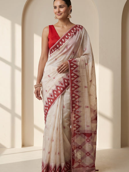 Coconut Cream Red Cotton Saree