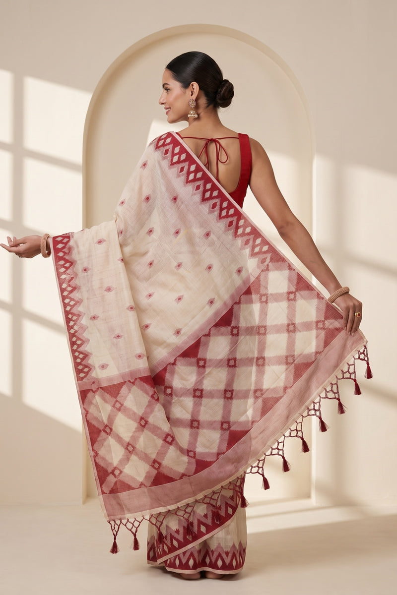 Coconut Cream Red Cotton Saree
