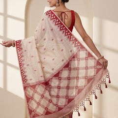 Coconut Cream Red Cotton Saree