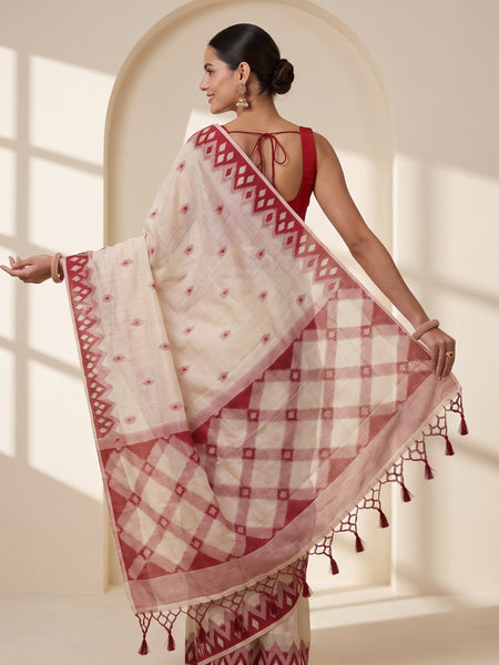 Coconut Cream Red Cotton Saree