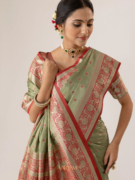 Ruhani Green Satin Saree