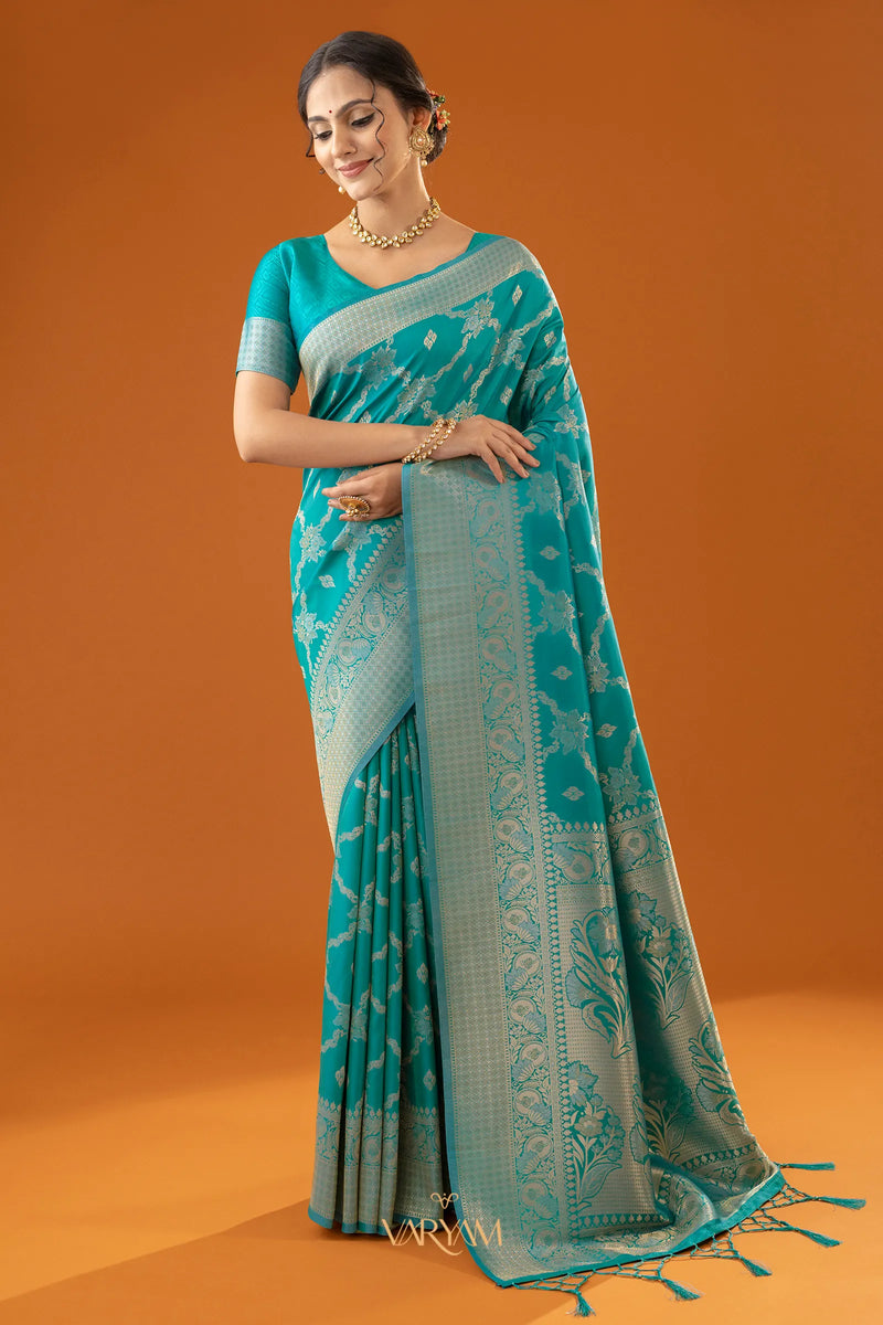 Jamawari Silk Teal Blue Saree