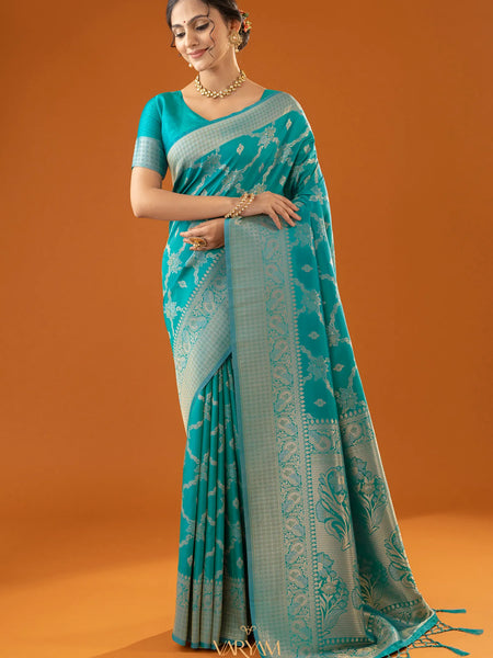 Jamawari Silk Teal Blue Saree