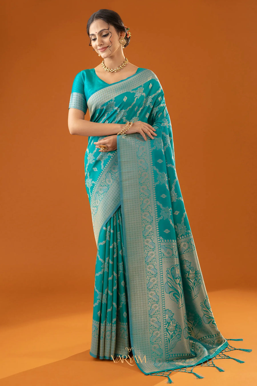 Jamawari Silk Teal Blue Saree
