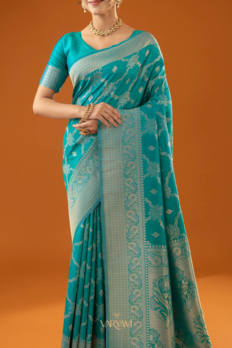 Jamawari Silk Teal Blue Saree