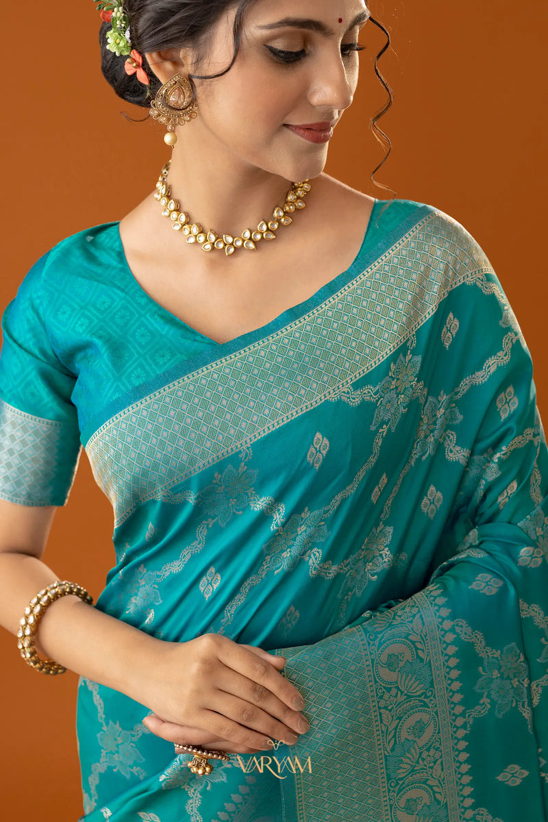 Jamawari Silk Teal Blue Saree
