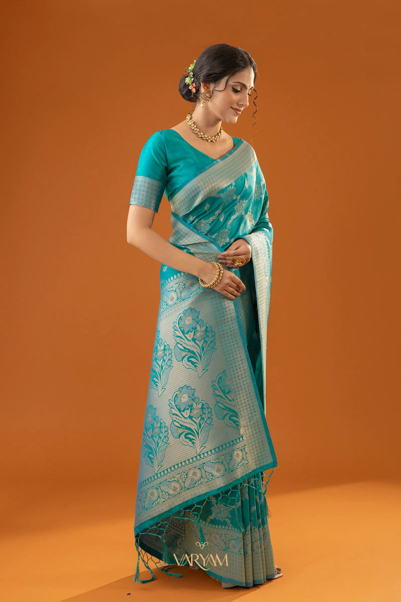 Jamawari Silk Teal Blue Saree