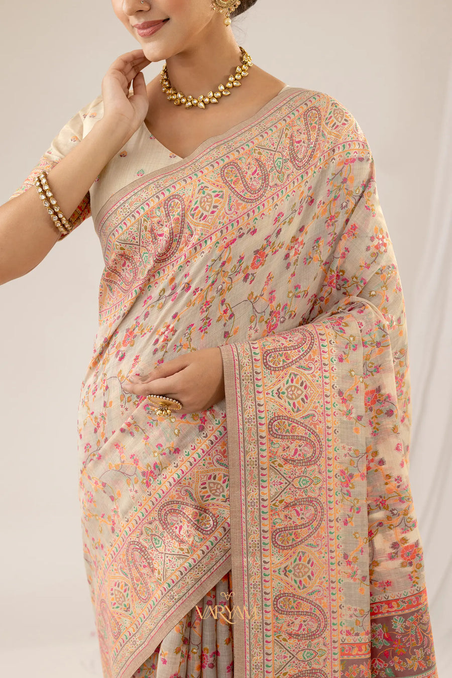 Kashmiria Cotton Beige Saree