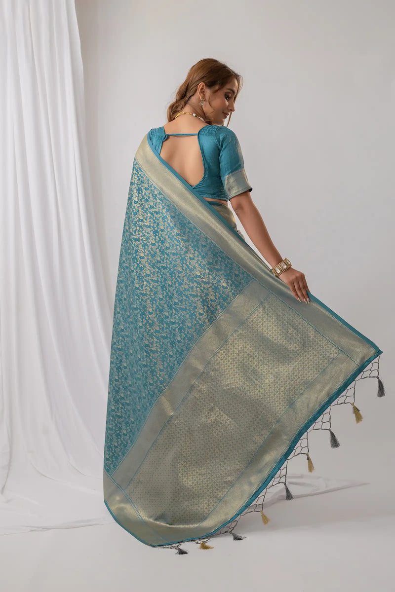 Gulbahaar Satin Teal Saree