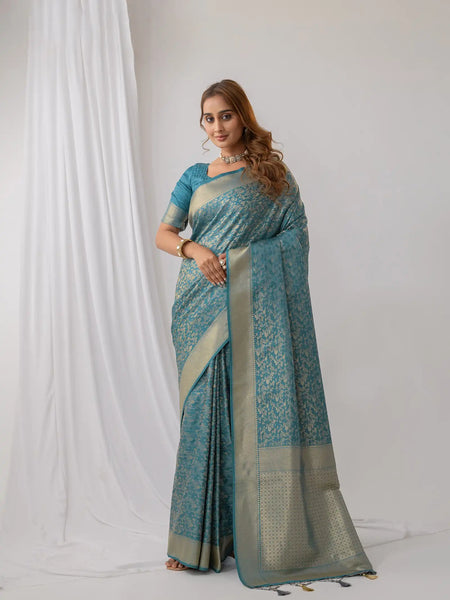 Gulbahaar Satin Teal Saree