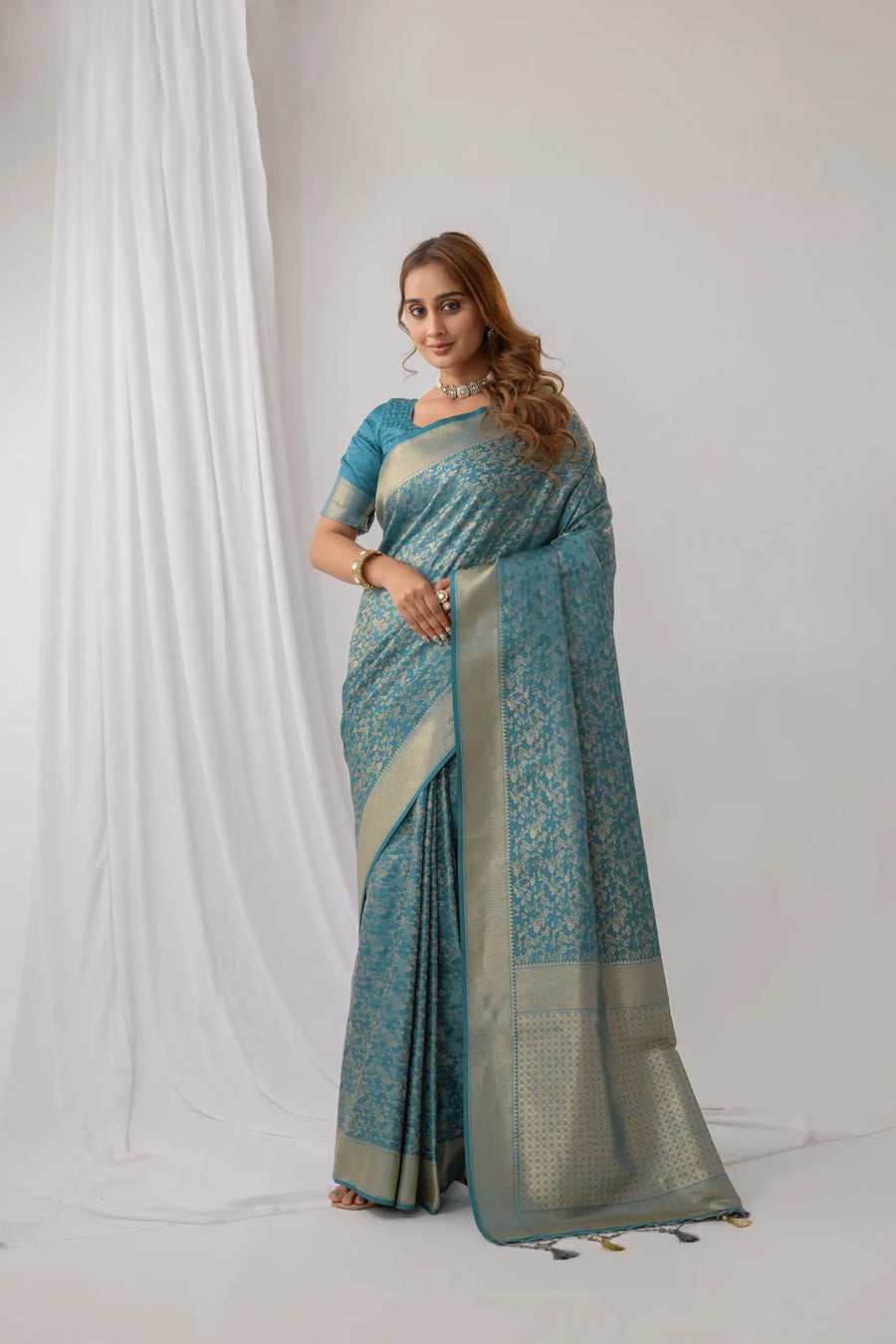 Gulbahaar Satin Teal Saree