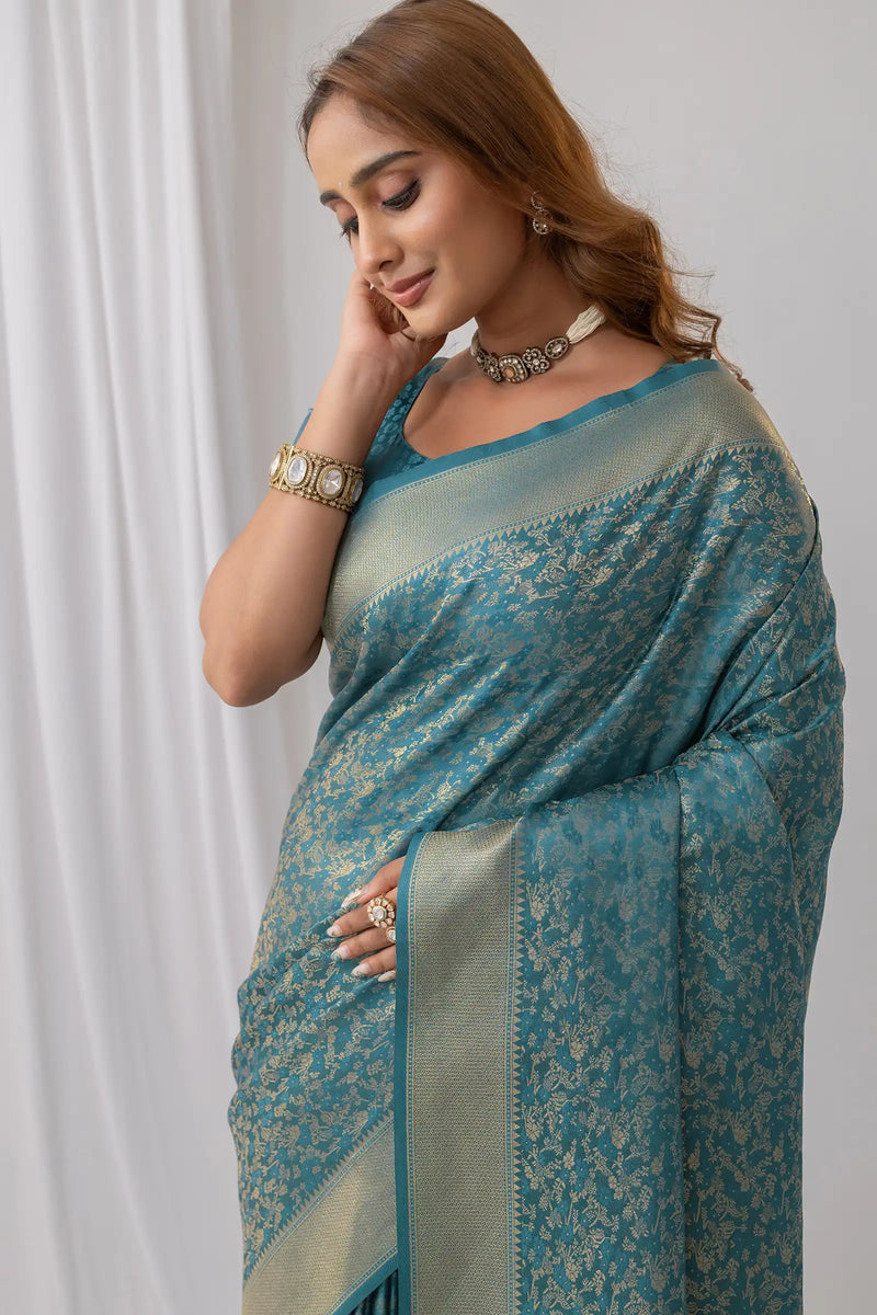 Gulbahaar Satin Teal Saree