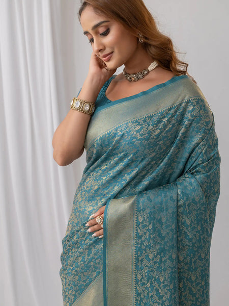 Gulbahaar Satin Teal Saree
