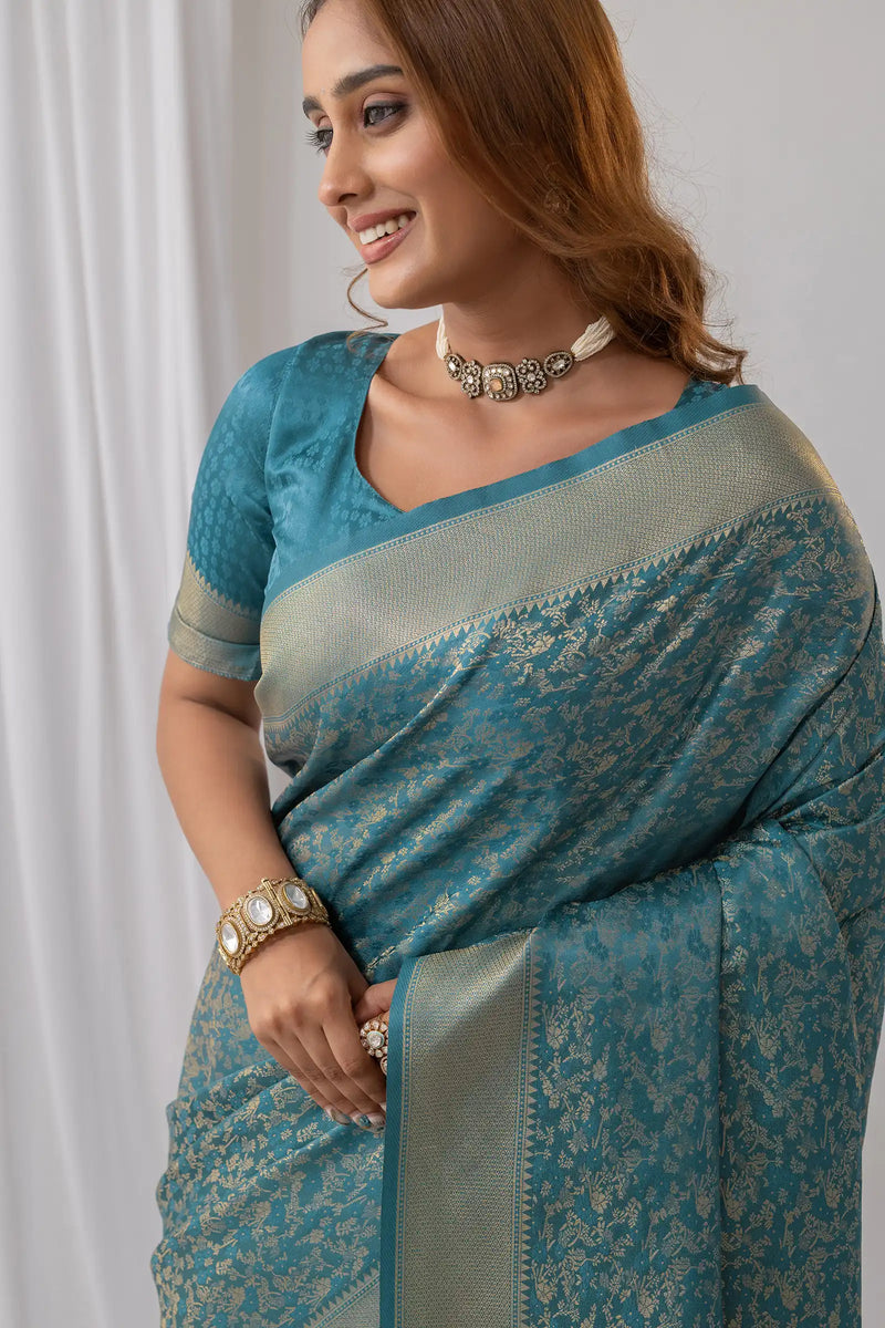 Gulbahaar Satin Teal Saree