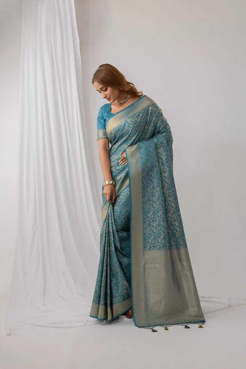 Gulbahaar Satin Teal Saree