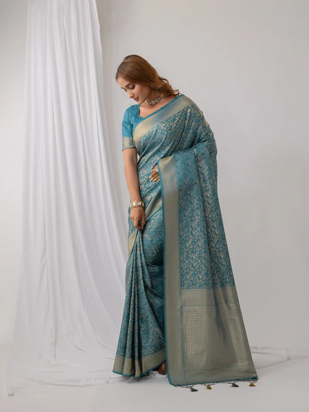 Gulbahaar Satin Teal Saree
