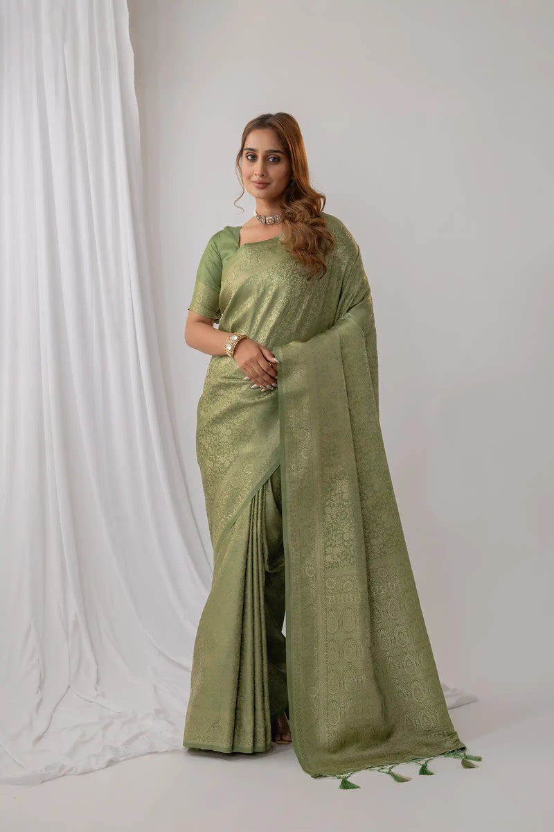 Gulnar Green Satin Saree