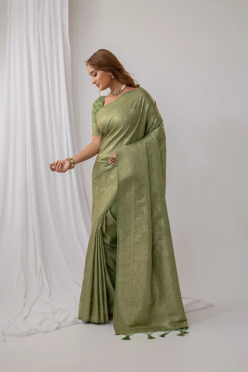 Gulnar Green Satin Saree
