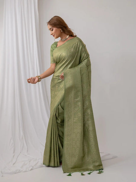 Gulnar Green Satin Saree