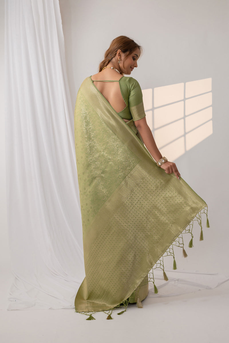 Gulmohar Green Satin Saree