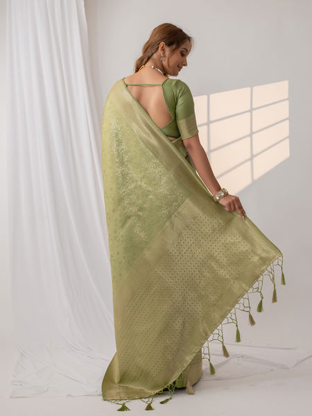 Gulmohar Green Satin Saree