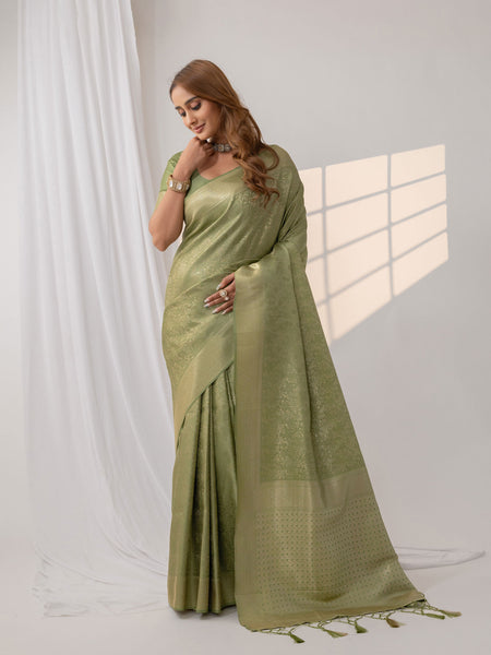 Gulmohar Green Satin Saree