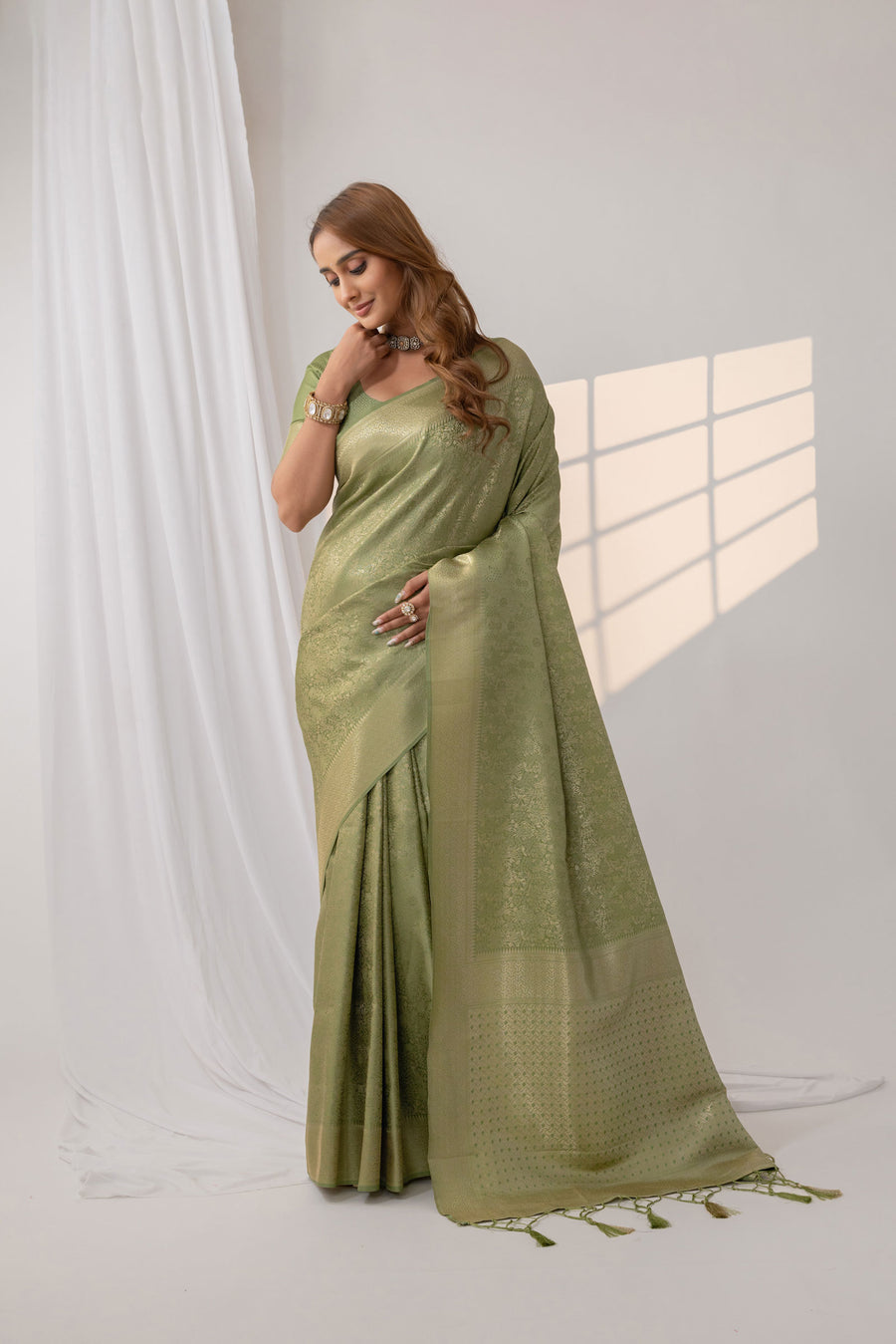 Gulmohar Green Satin Saree