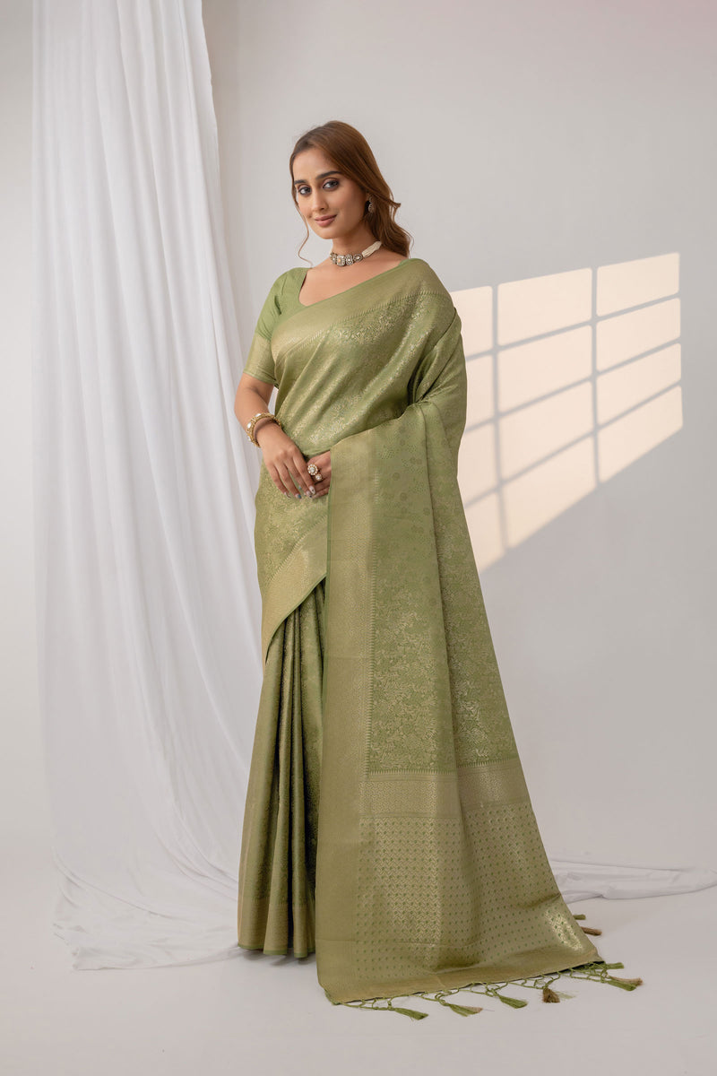 Gulmohar Green Satin Saree