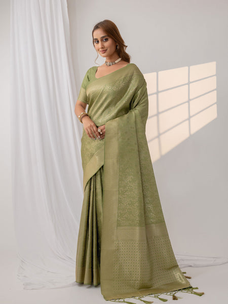 Gulmohar Green Satin Saree