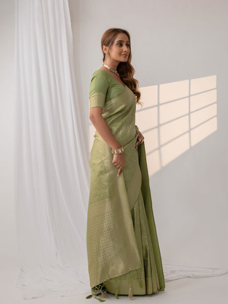 Gulmohar Green Satin Saree