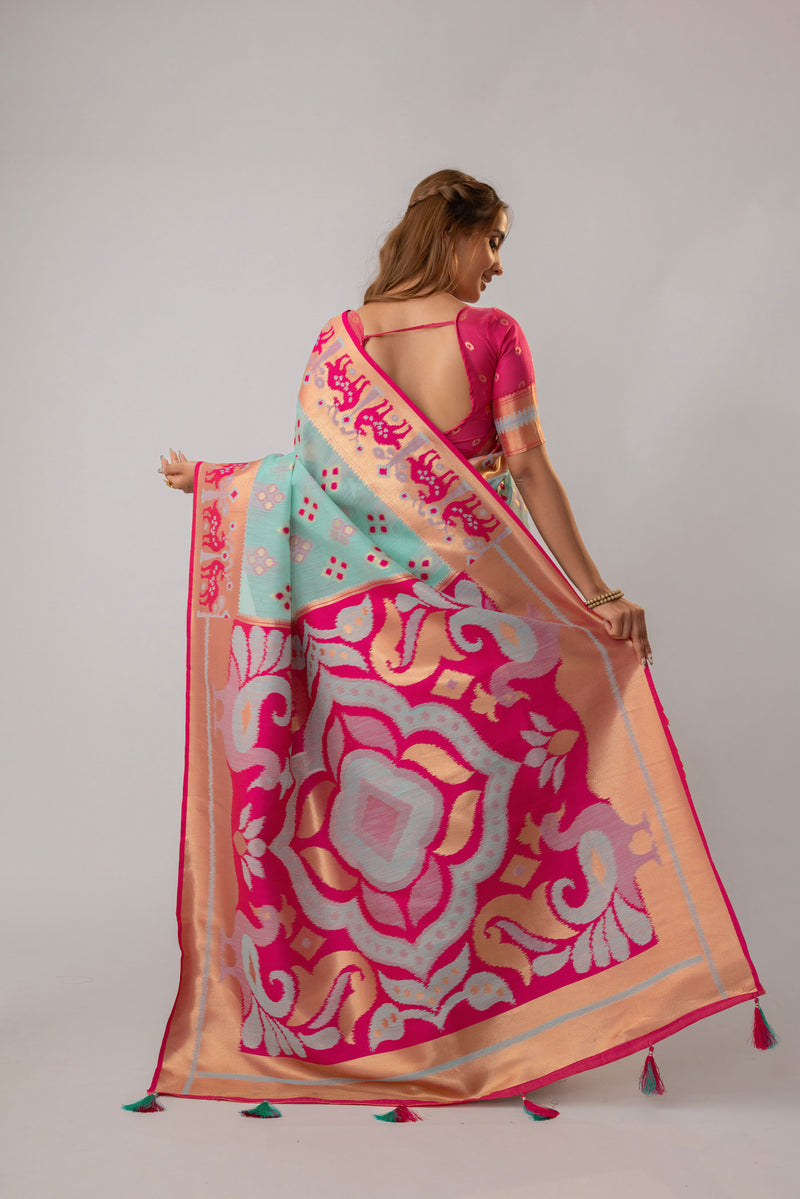 Patola Linen Blue Saree