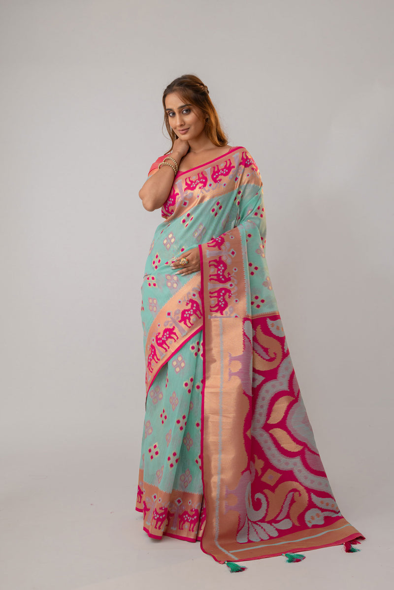 Patola Linen Blue Saree